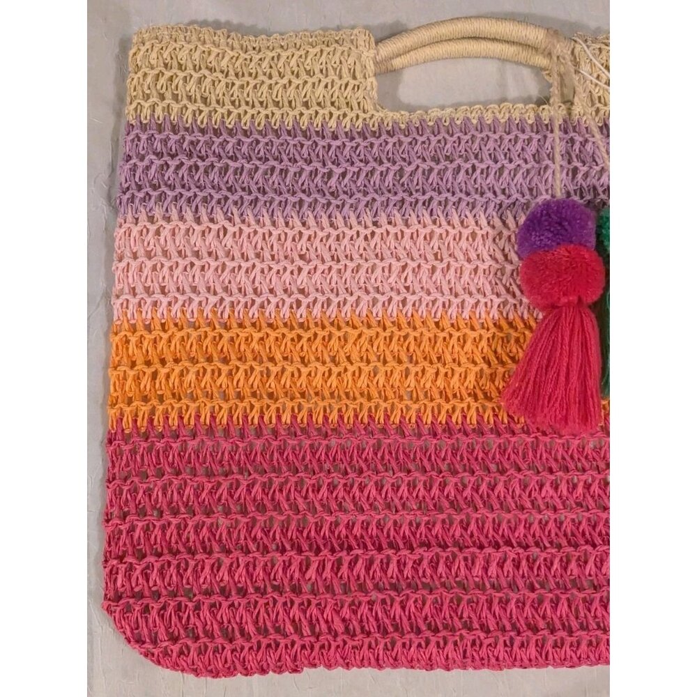 NWT Shiraleah Straw Bag Tote Latoya Sunset Tassels Chicago Paper Rainbow Purse - Picture 9 of 15